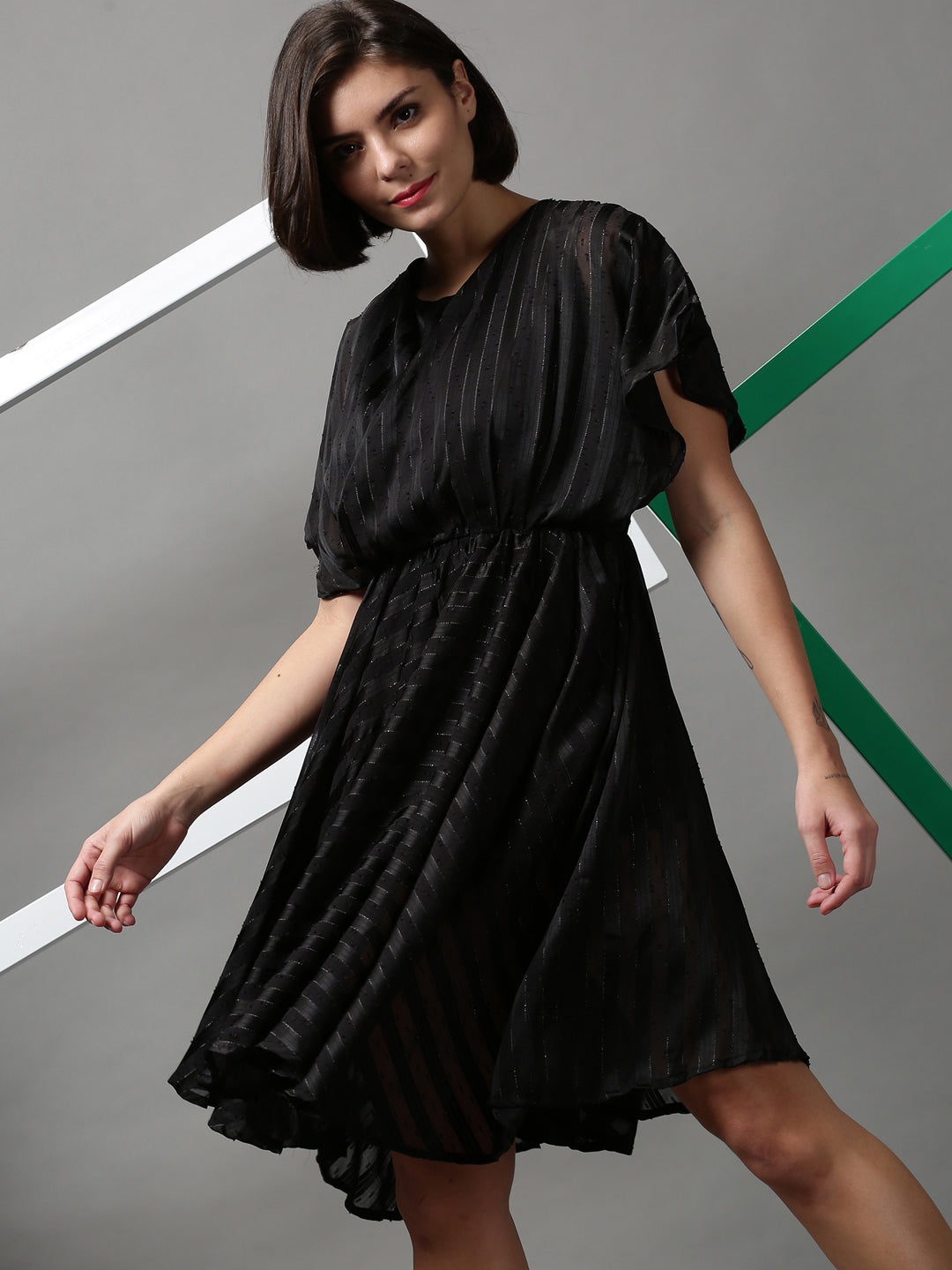 Women's Black Fit & Flare Jacquard Dress