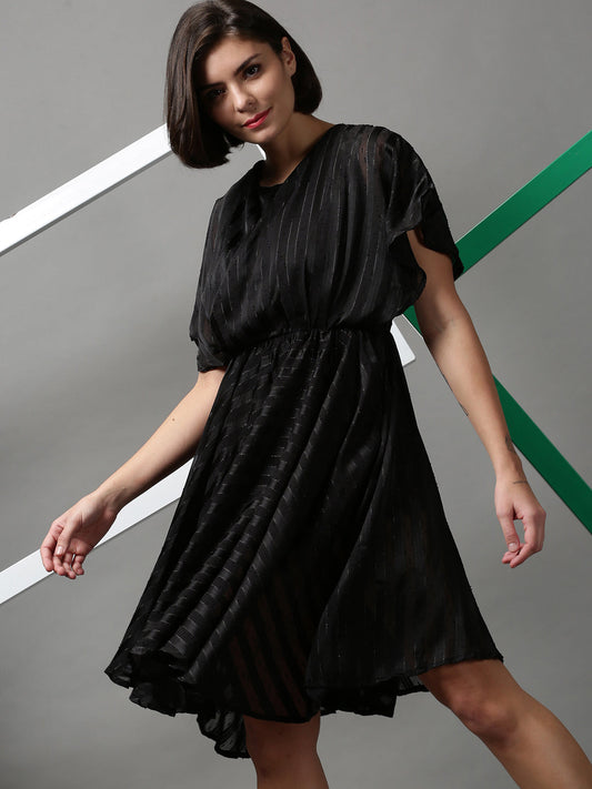 Women's Black Fit & Flare Jacquard Dress