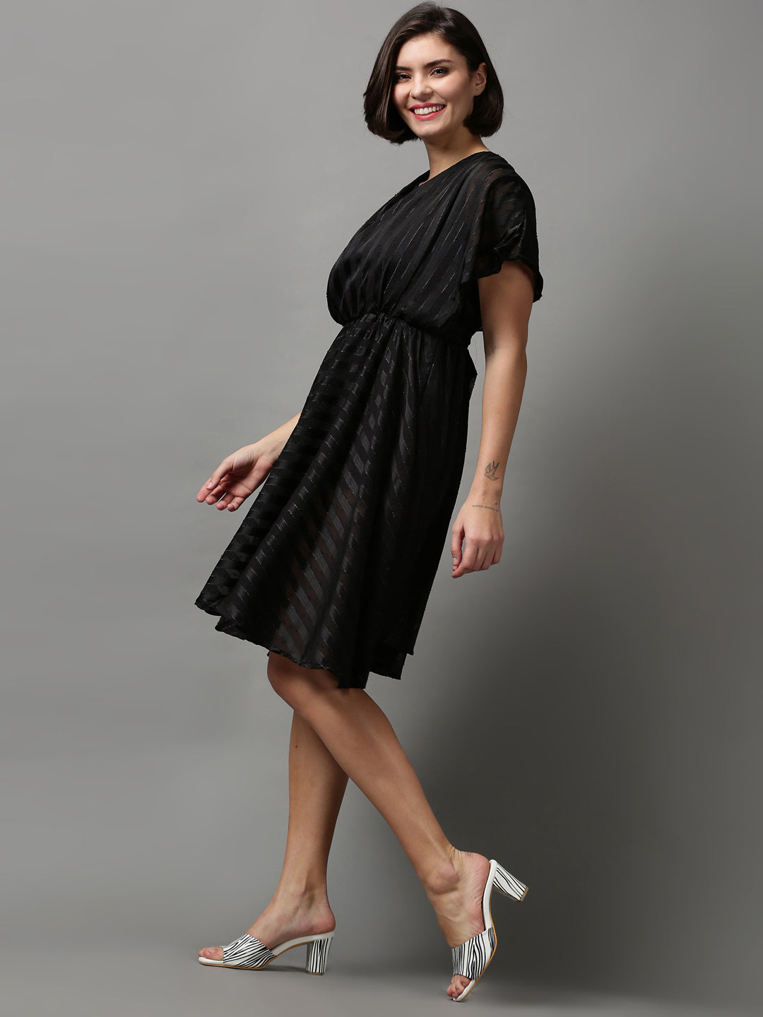 Women's Black Fit & Flare Jacquard Dress
