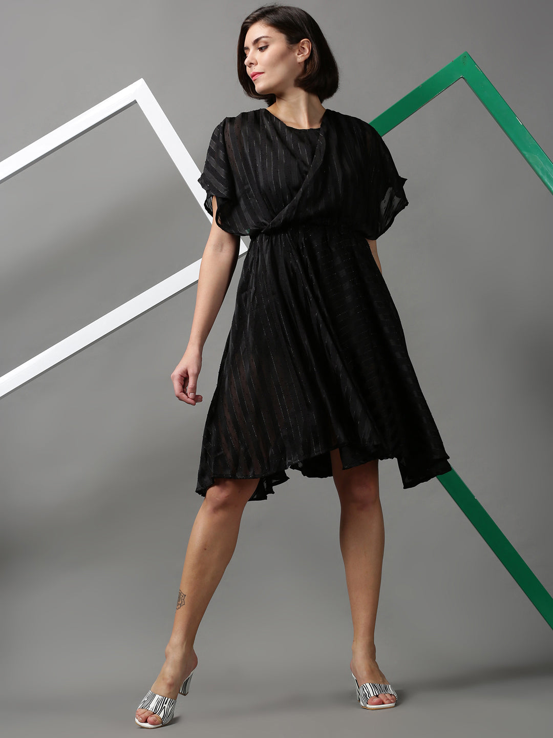 Women's Black Fit & Flare Jacquard Dress