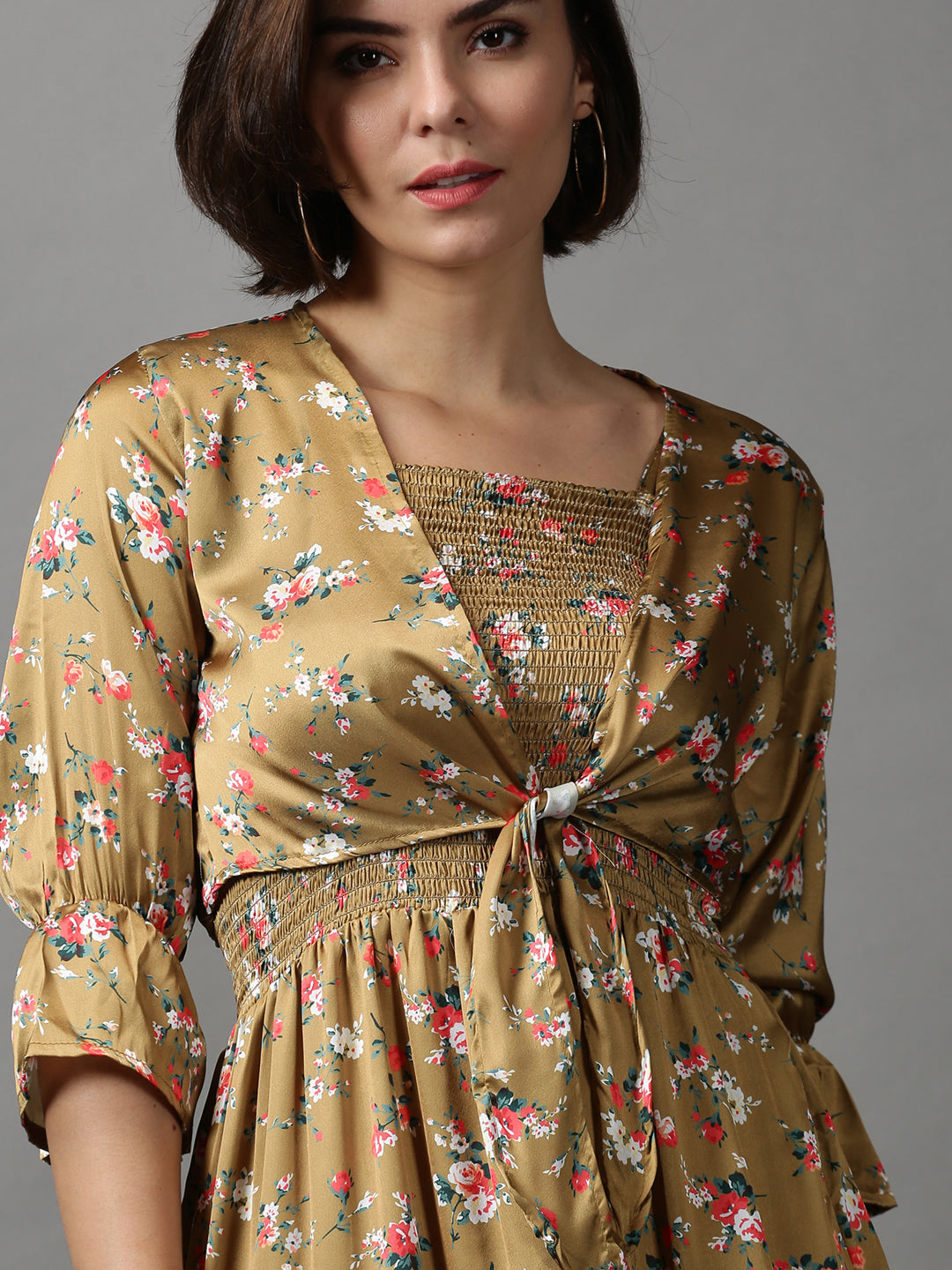 Women's Khaki Floral Printed Tiered Maxi Dress
