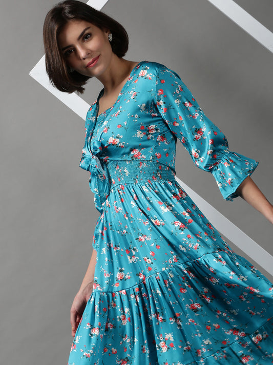 Women's Turquoise Blue Floral Satin Maxi Dress