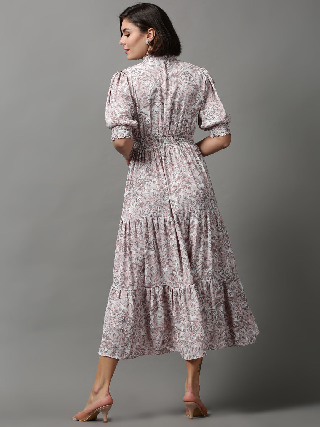 Women's Grey Floral Crepe Midi Dress