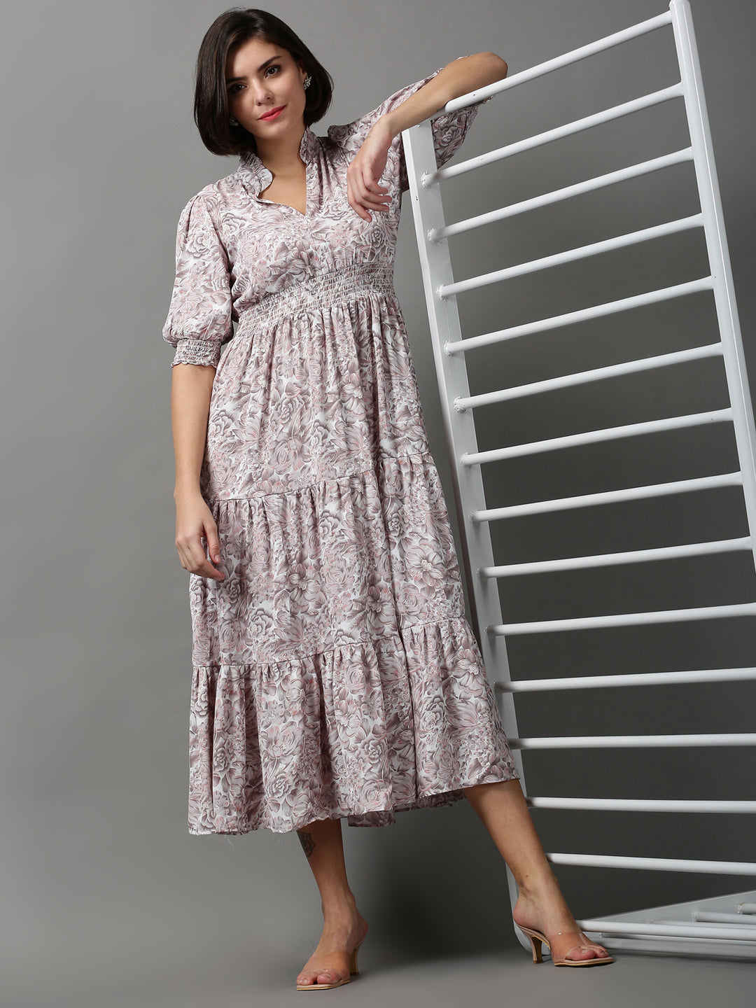 Women's Grey Floral Crepe Midi Dress