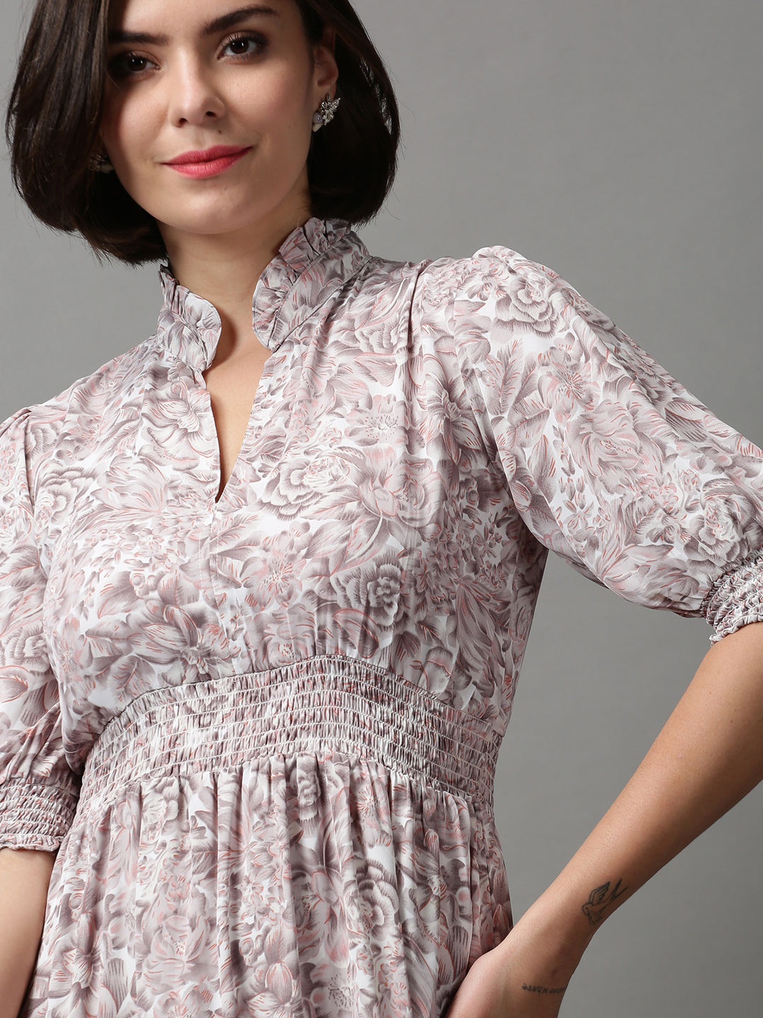 Women's Grey Floral Crepe Midi Dress