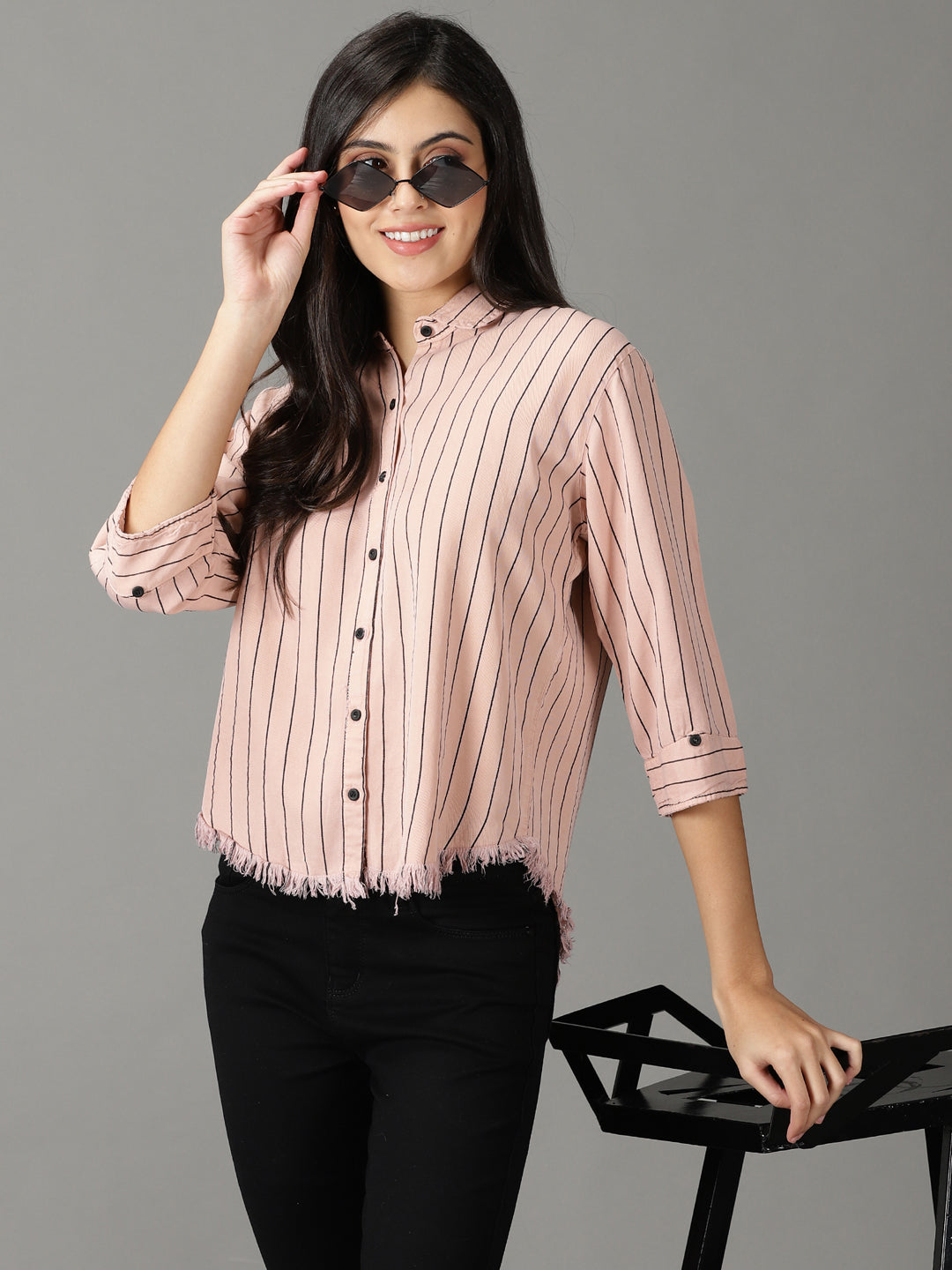 Women's Pink Boxy Striped Cotton Casual Shirt
