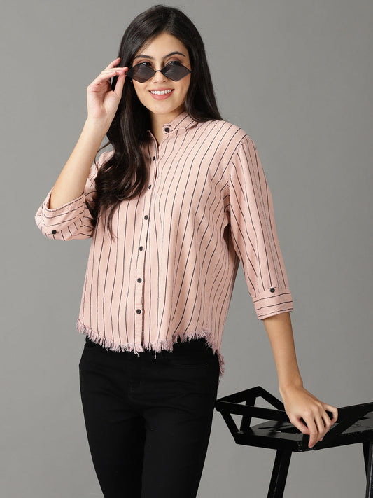 Women's Pink Boxy Striped Cotton Casual Shirt