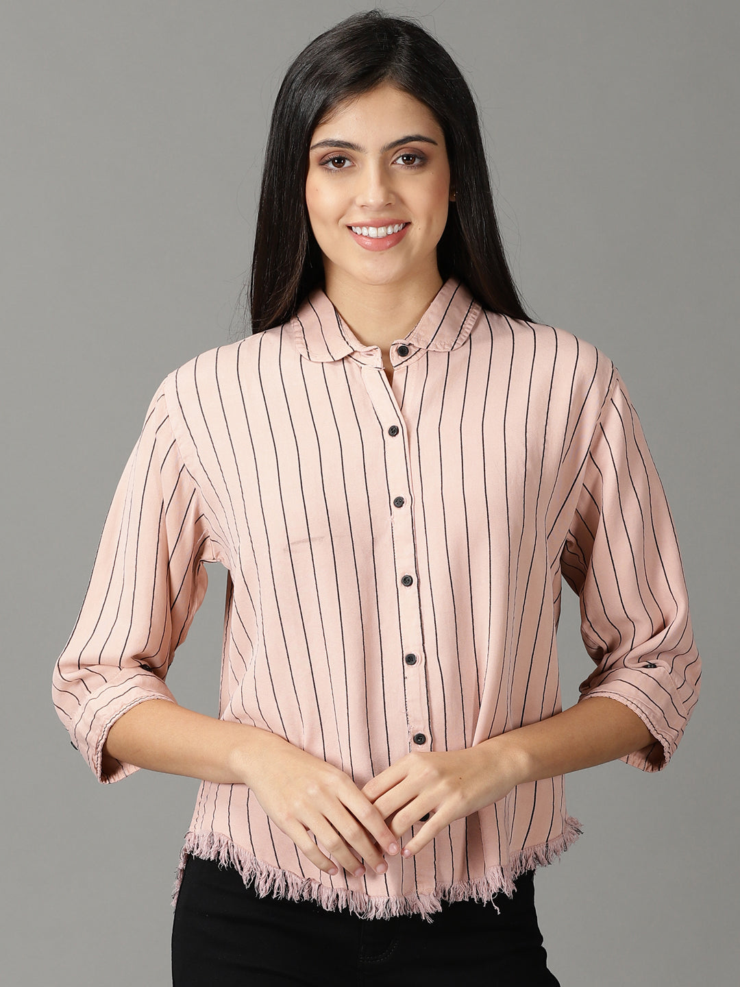 Women's Pink Boxy Striped Cotton Casual Shirt