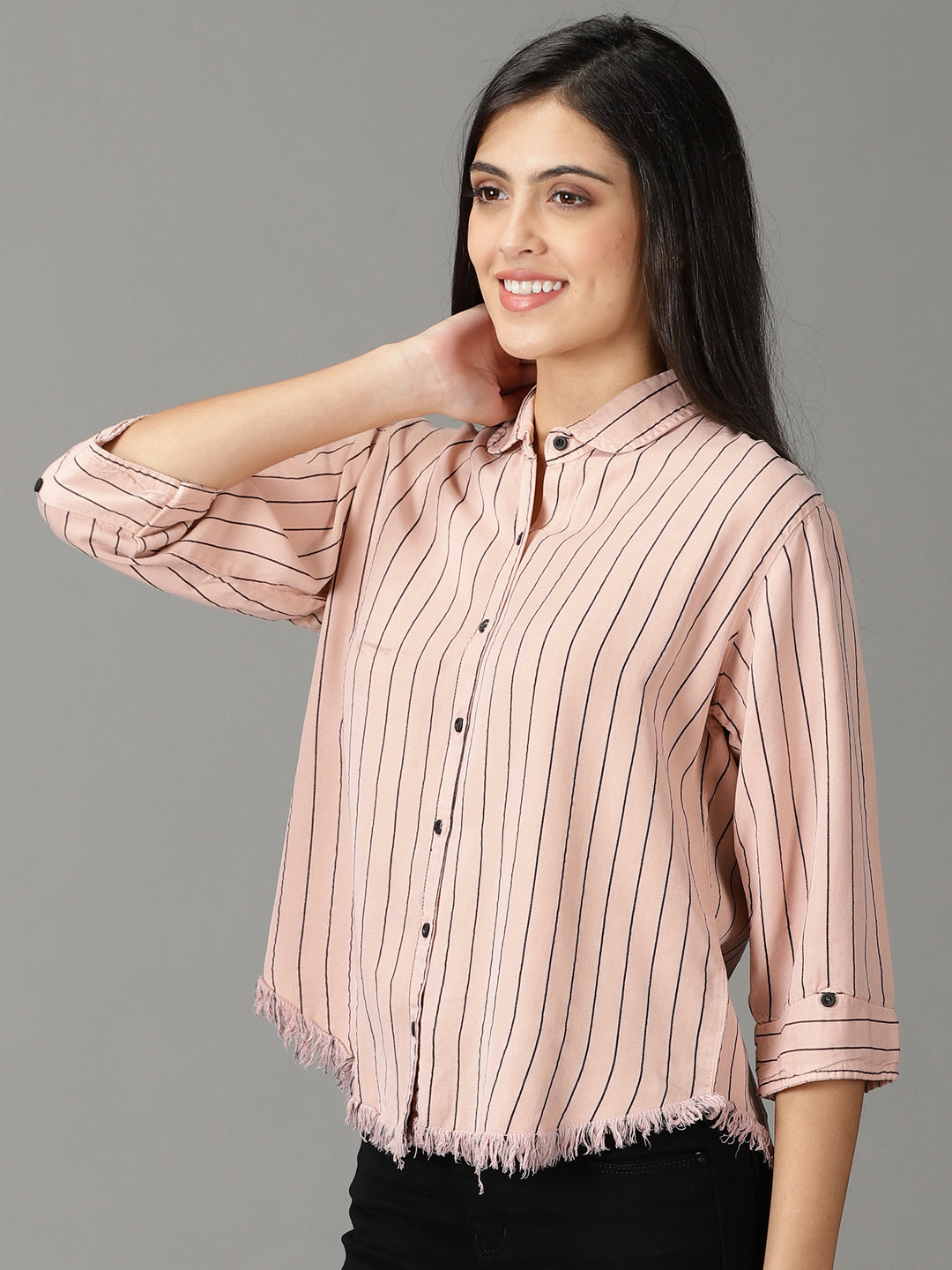 Women's Pink Boxy Striped Cotton Casual Shirt