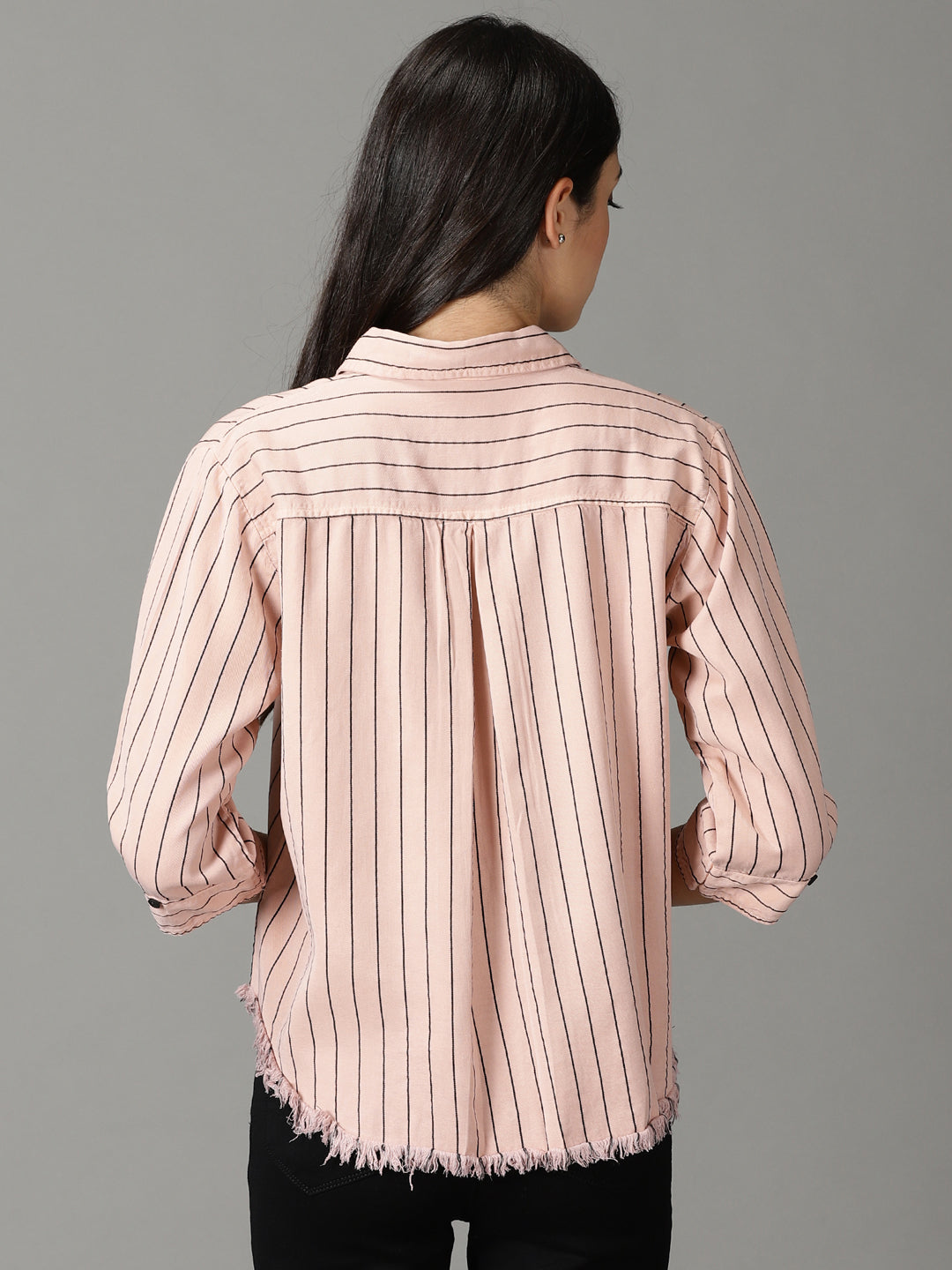 Women's Pink Boxy Striped Cotton Casual Shirt