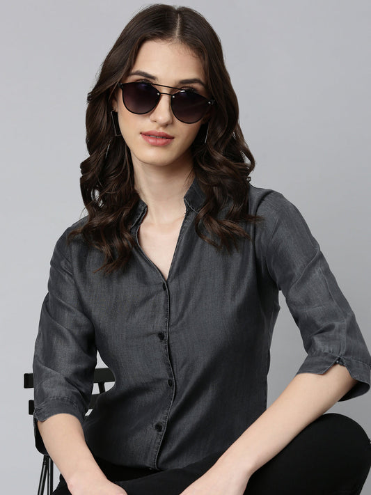 Women's Grey Slim Fit Spread Collar Chambray Cotton Casual Shirt