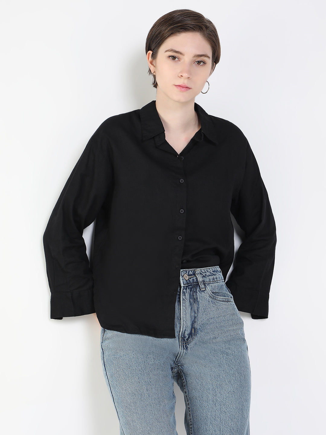 Women's Black Comfort Slim Fit Opaque Casual Shirt