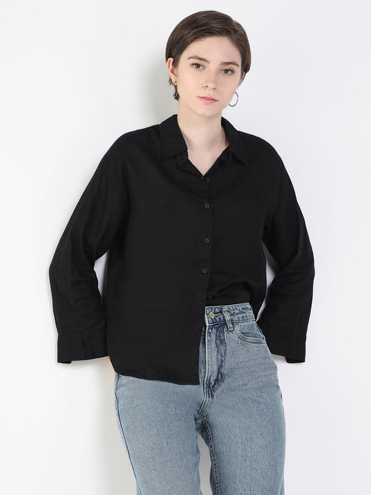 Women's Black Comfort Slim Fit Opaque Casual Shirt