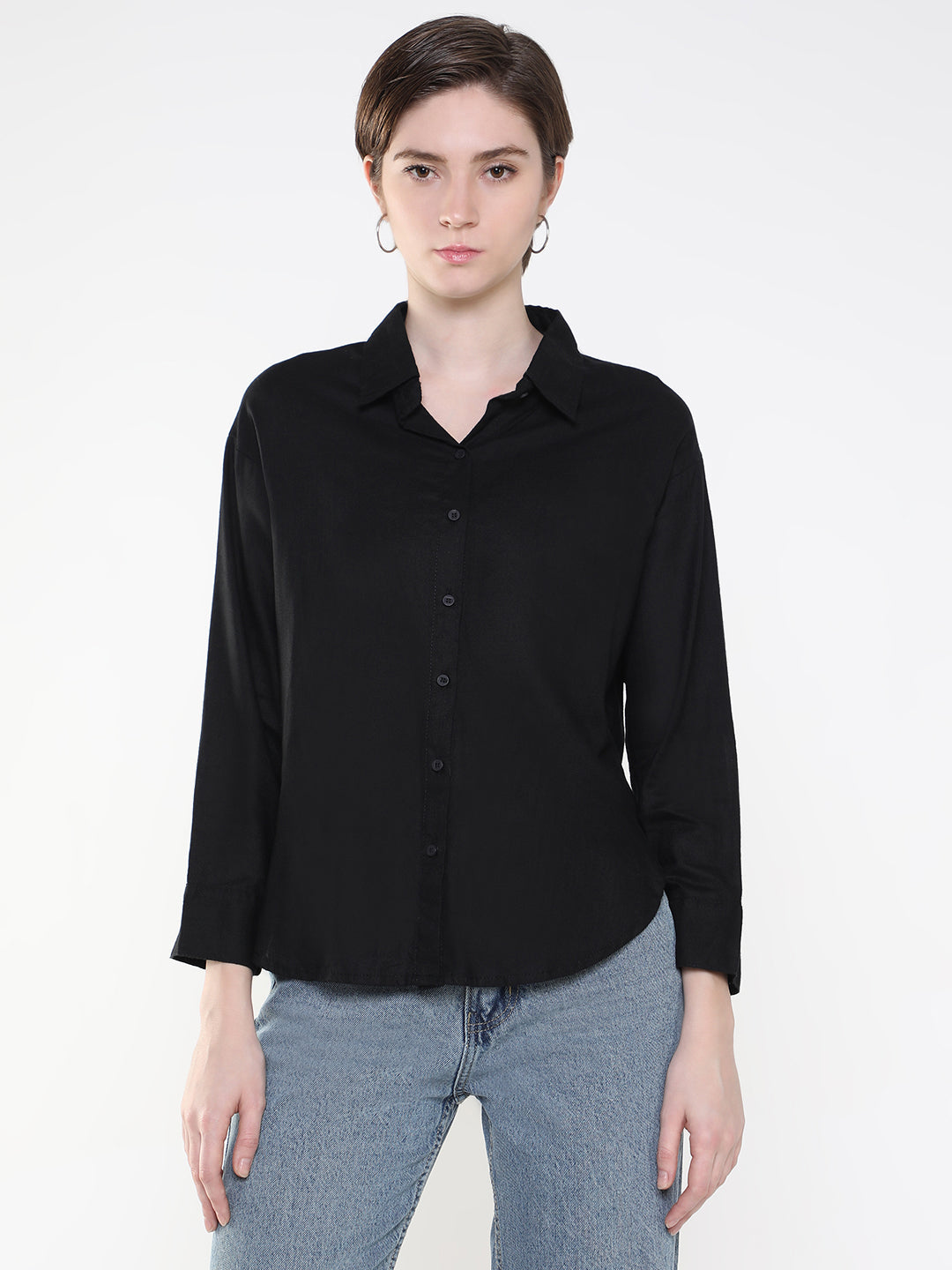 Women's Black Comfort Slim Fit Opaque Casual Shirt