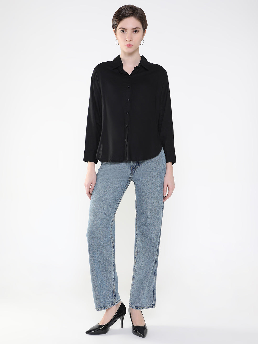 Women's Black Comfort Slim Fit Opaque Casual Shirt