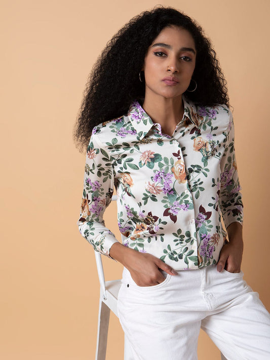 Women's Ethnic Cream Standard Slim Fit Floral Opaque Printed Casual Shirt