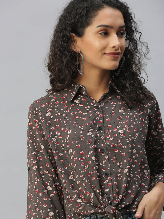 Women's Brown Comfort Floral Semi Sheer Printed Casual Shirt