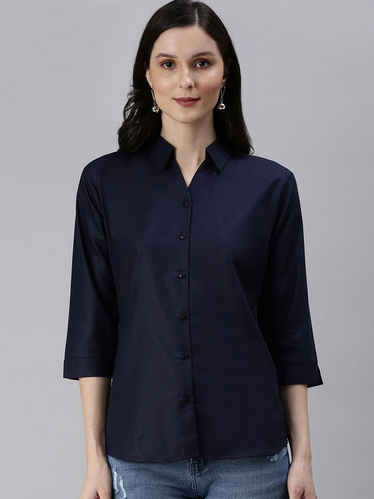 Women's Navy Blue Slim Fit Cotton Casual Shirt