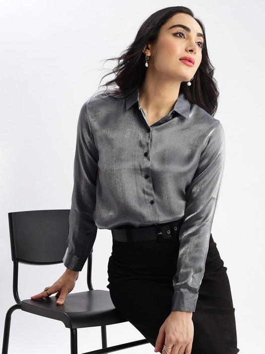 Women's Grey Comfort Slim Fit Spread Collar Casual Shirt