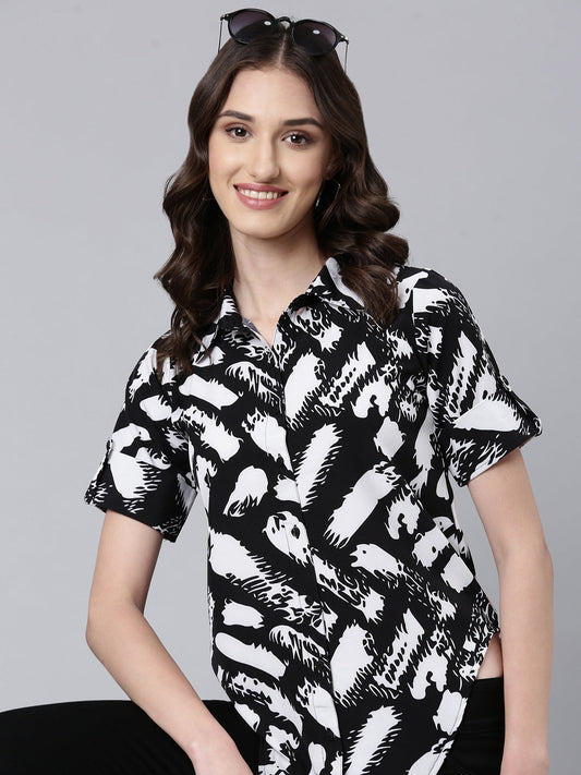Women's Black Slim Fit Abstract Printed Casual Shirt