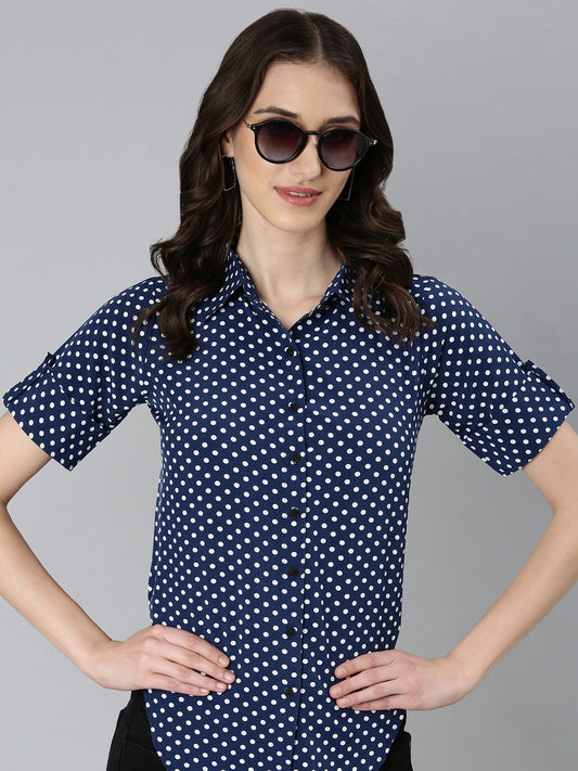 Women's Navy Blue Slim Fit Polka Dot Printed Casual Shirt