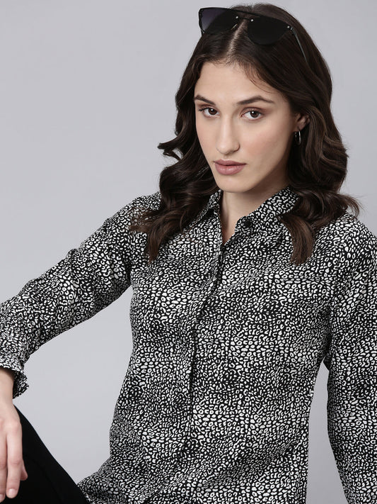 Women's Black Slim Fit Animal Printed Casual Shirt