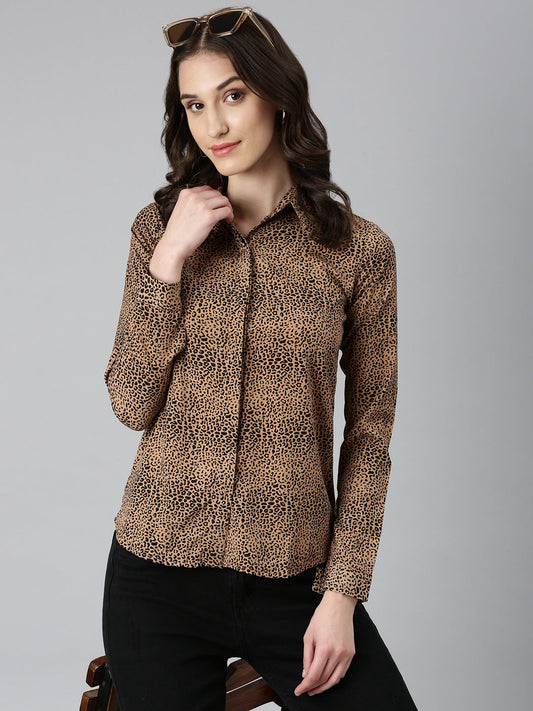 Women's Brown Slim Fit Animal Printed Casual Shirt