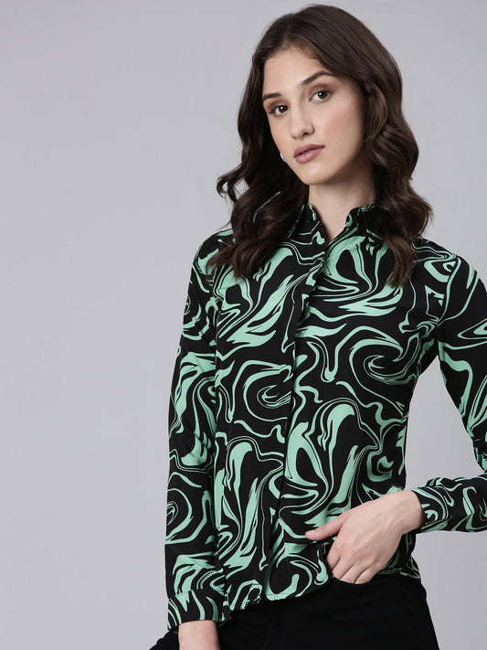 Women's Black Slim Fit Abstract Printed Crepe Casual Shirt