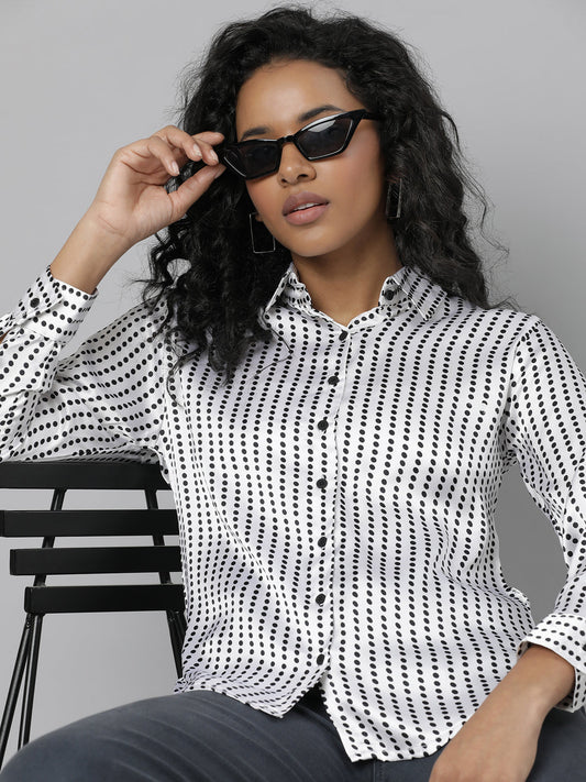 Women's White Slim Fit Polka Dots Printed Satin Casual Shirt