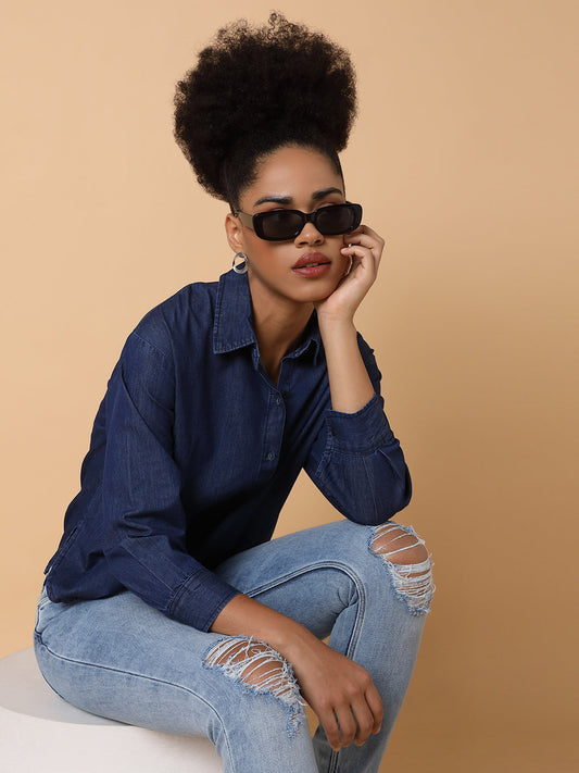 Women's Navy Blue Comfort Spread Collar Solid Cotton Slim Fit Casual Shirt
