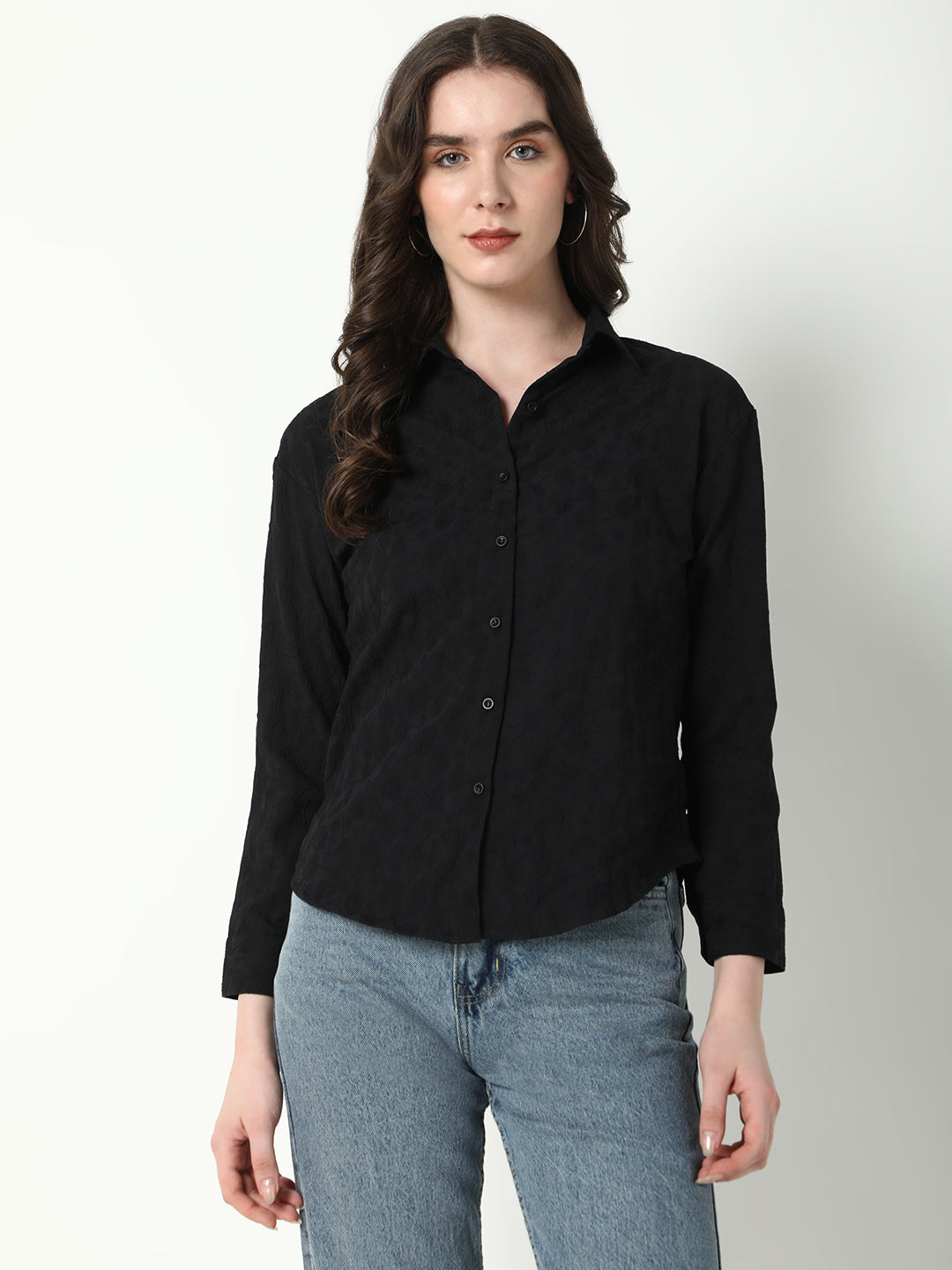 Women's Black Comfort Spread Collar Textured Relaxed Fit Casual Shirt
