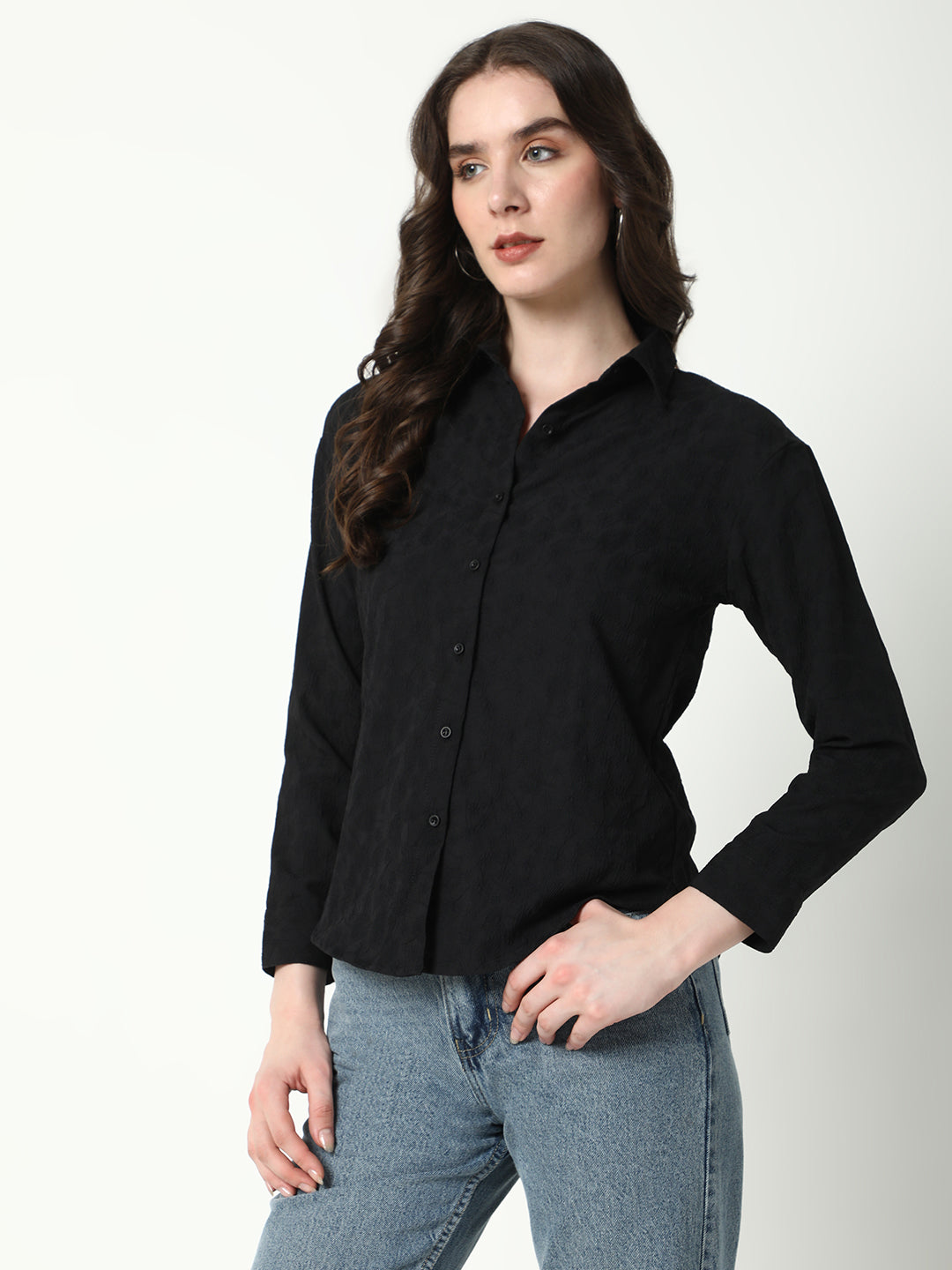 Women's Black Comfort Spread Collar Textured Relaxed Fit Casual Shirt