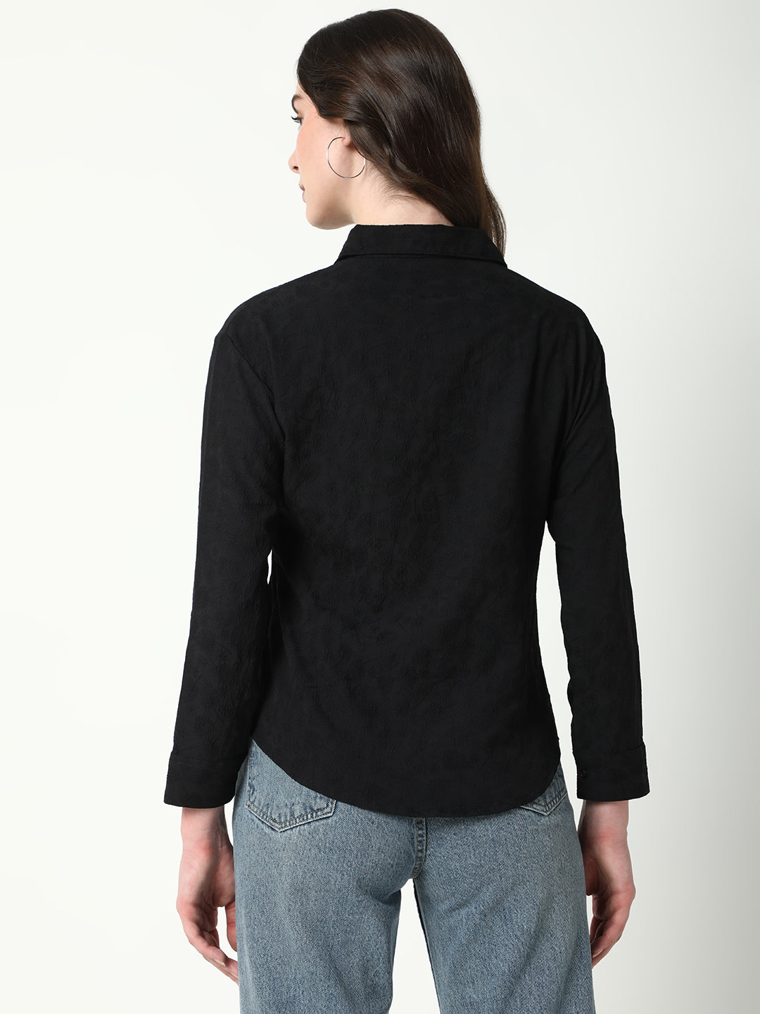 Women's Black Comfort Spread Collar Textured Relaxed Fit Casual Shirt