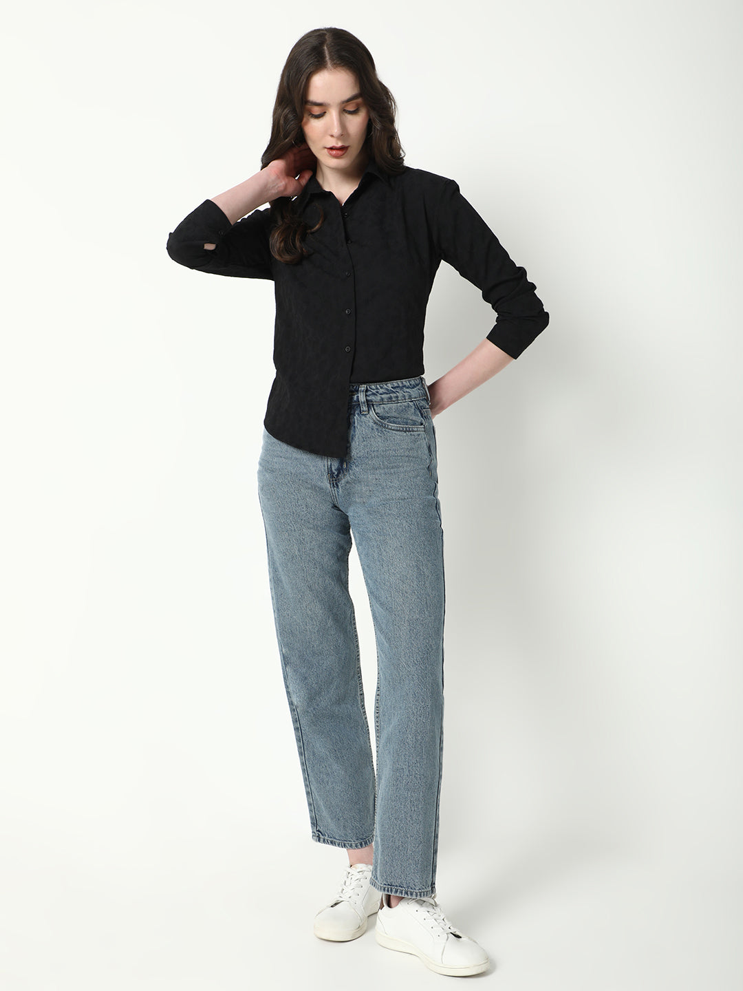Women's Black Comfort Spread Collar Textured Relaxed Fit Casual Shirt