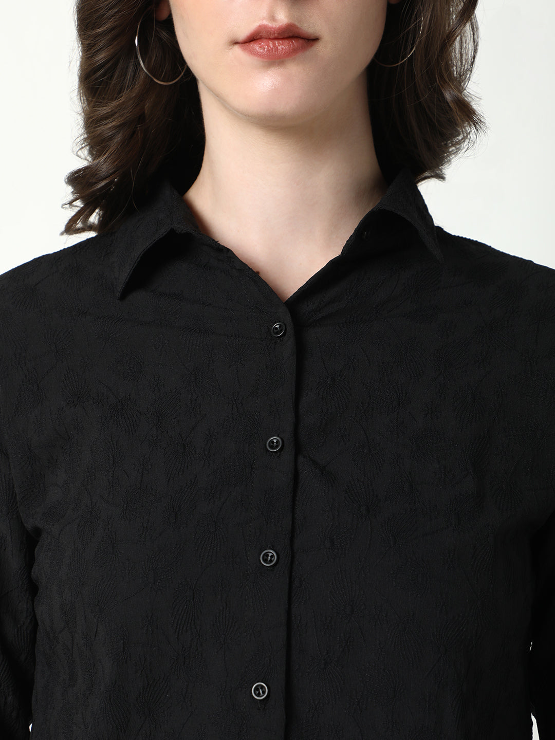 Women's Black Comfort Spread Collar Textured Relaxed Fit Casual Shirt