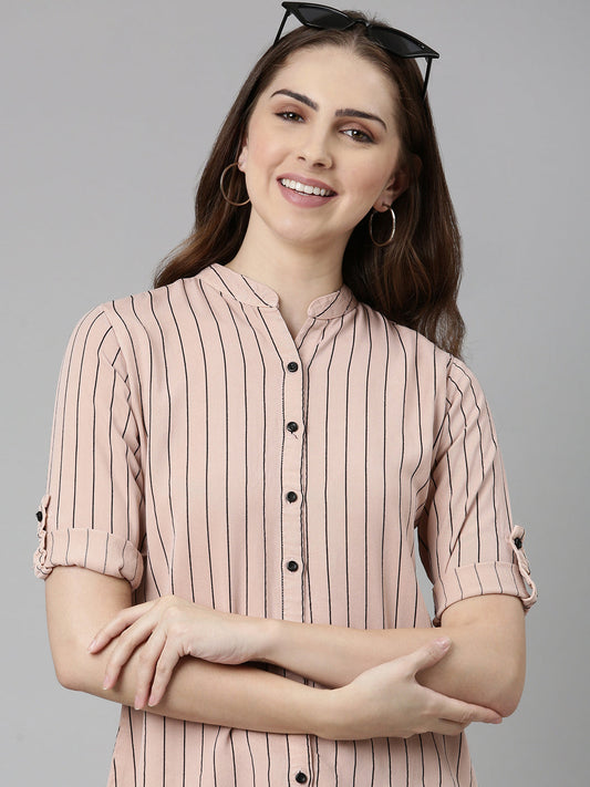 Women's Pink Comfort Slim Fit Striped Cotton Longline Casual Shirt