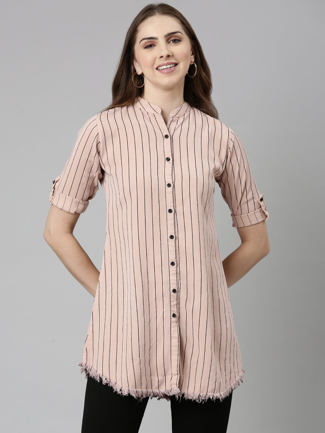 Women's Pink Comfort Slim Fit Striped Cotton Longline Casual Shirt