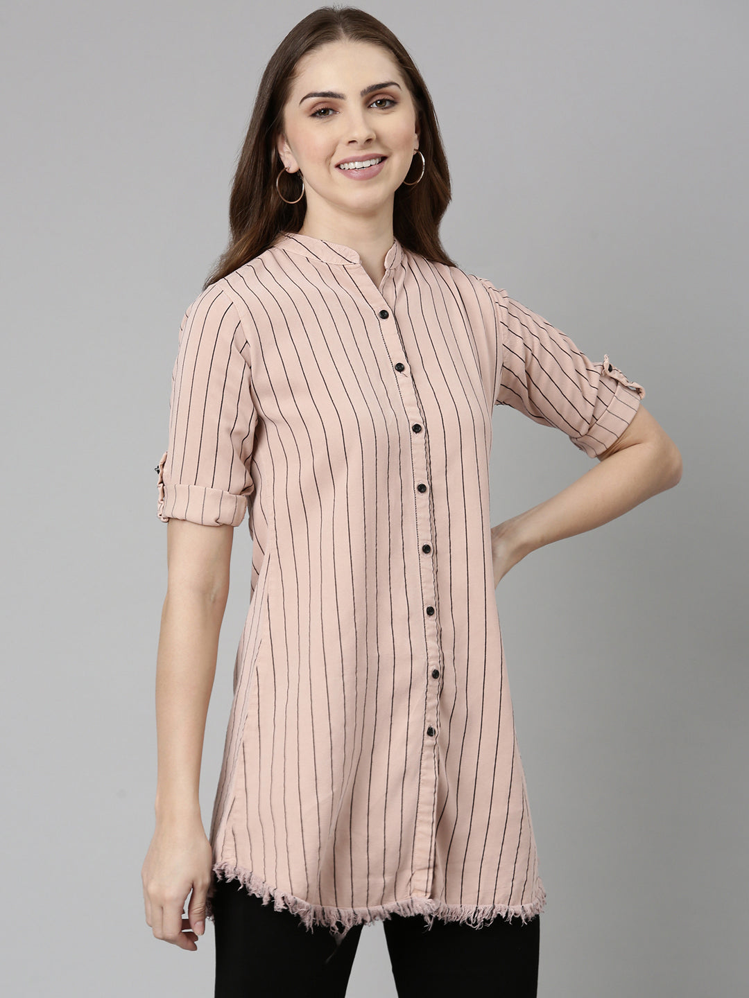 Women's Pink Comfort Slim Fit Striped Cotton Longline Casual Shirt