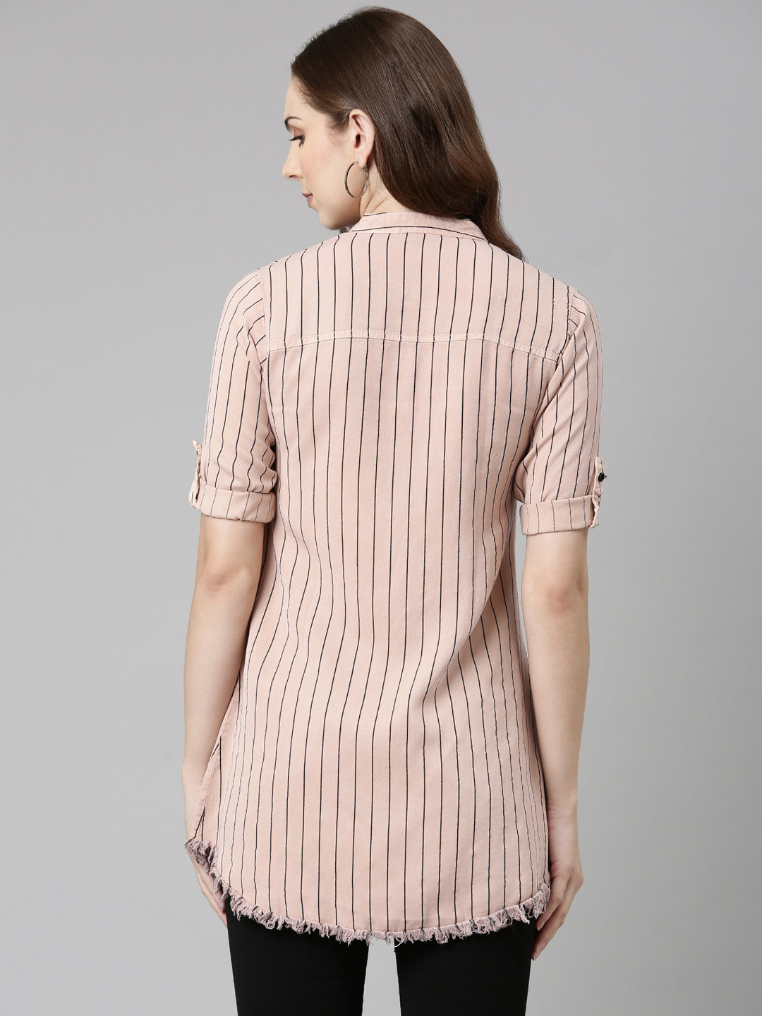 Women's Pink Comfort Slim Fit Striped Cotton Longline Casual Shirt