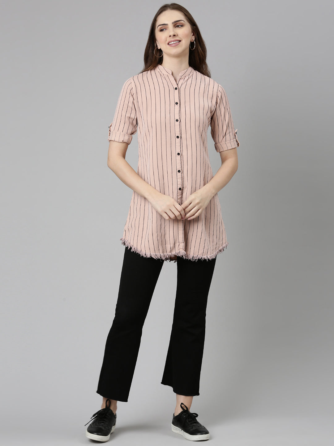 Women's Pink Comfort Slim Fit Striped Cotton Longline Casual Shirt