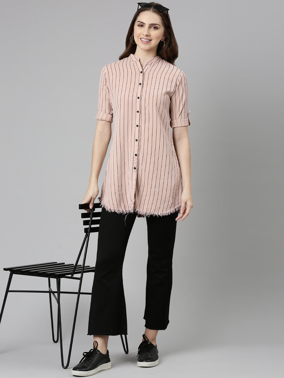 Women's Pink Comfort Slim Fit Striped Cotton Longline Casual Shirt