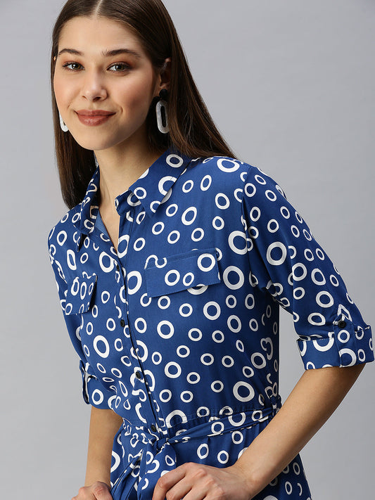 Women's Blue Geometric Printed Shirt Dress