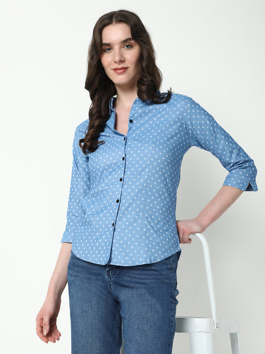 Women's Blue Comfort Spread Collar Polka Dots Printed Cotton Casual Shirt