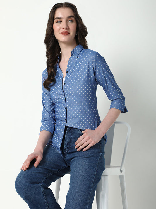Women's Blue Comfort Spread Collar Polka Dots Printed Cotton Casual Shirt