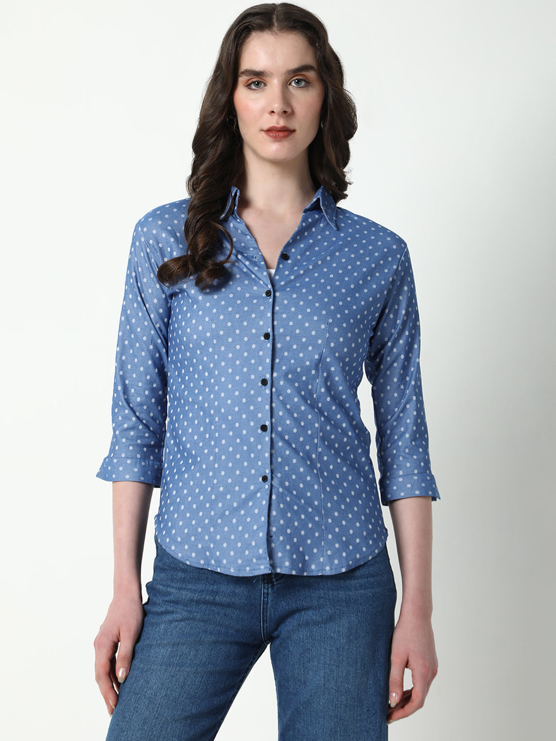 Women's Blue Comfort Spread Collar Polka Dots Printed Cotton Casual Shirt