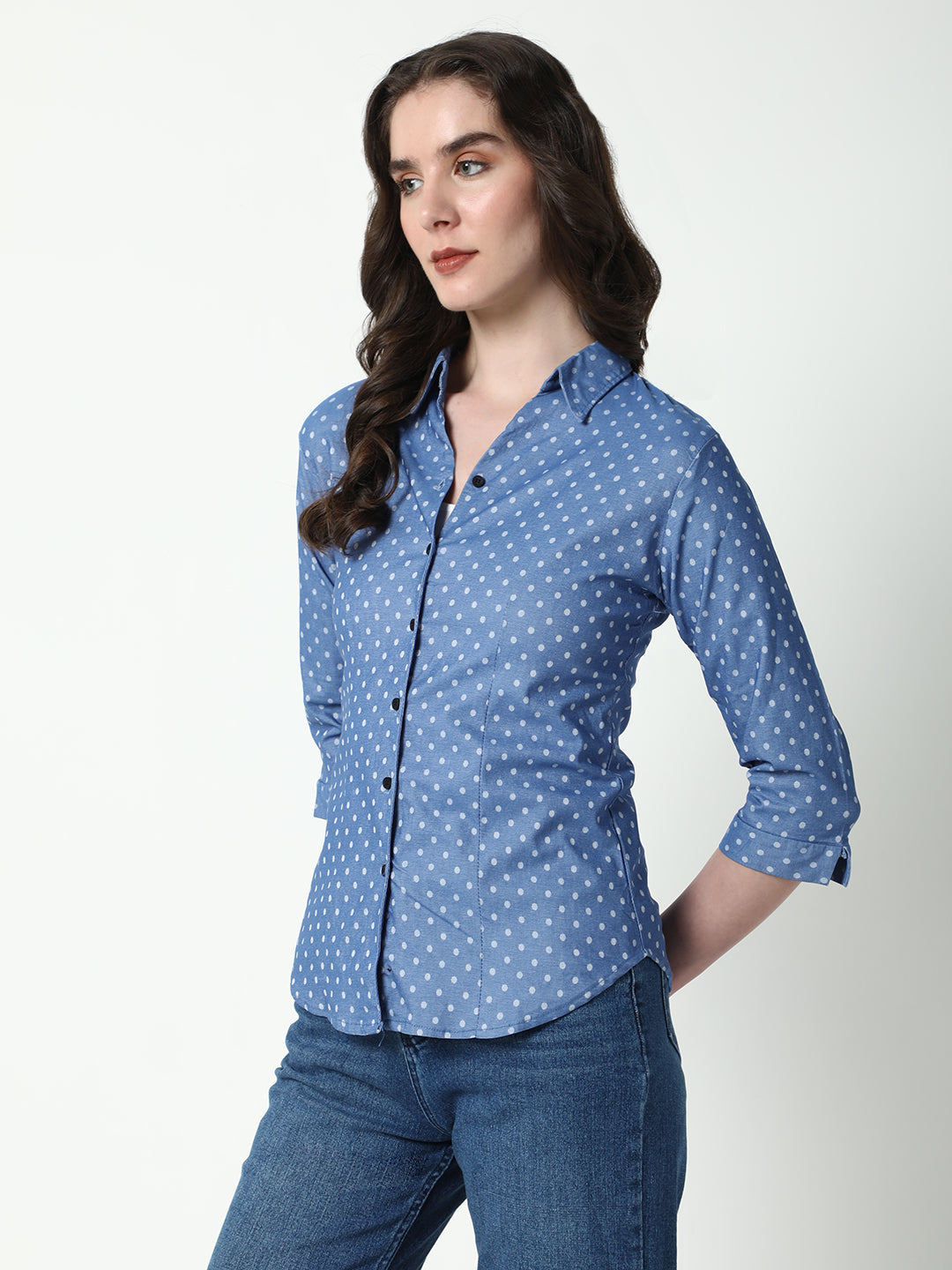 Women's Blue Comfort Spread Collar Polka Dots Printed Cotton Casual Shirt