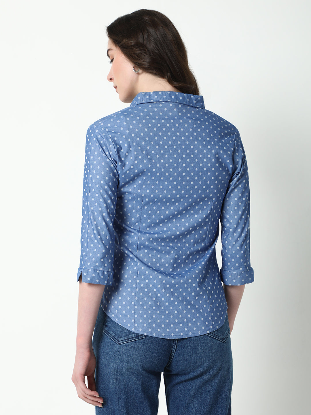 Women's Blue Comfort Spread Collar Polka Dots Printed Cotton Casual Shirt