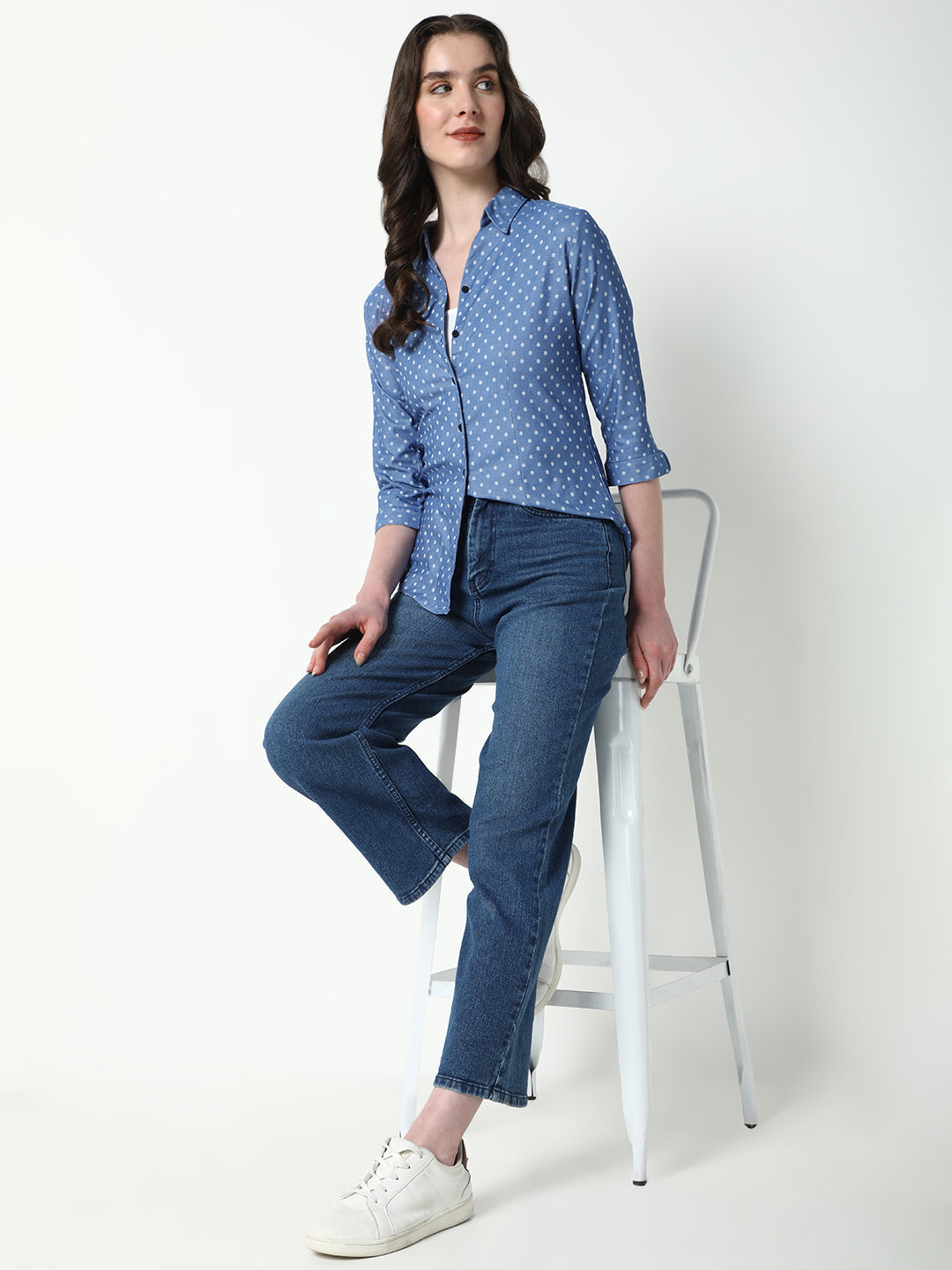 Women's Blue Comfort Spread Collar Polka Dots Printed Cotton Casual Shirt