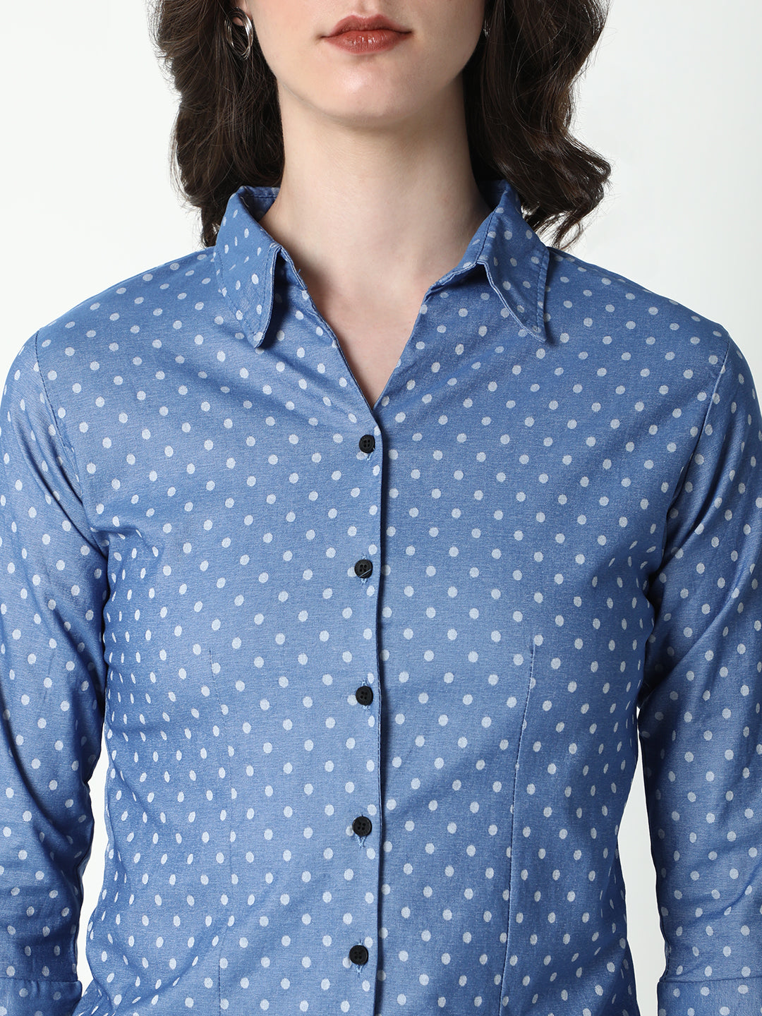 Women's Blue Comfort Spread Collar Polka Dots Printed Cotton Casual Shirt