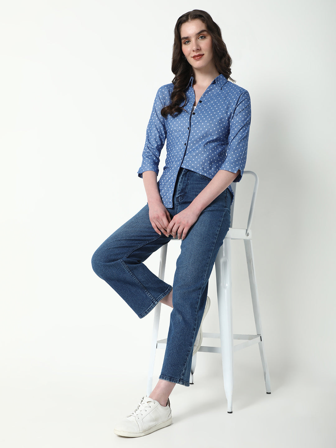 Women's Blue Comfort Spread Collar Polka Dots Printed Cotton Casual Shirt